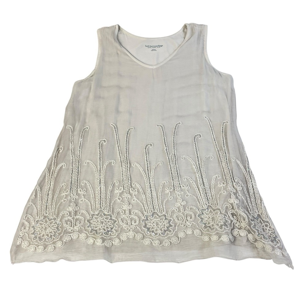 Soft Surroundings Silk Tank Top Medium Ivory‎ Embroidered Beaded Hem